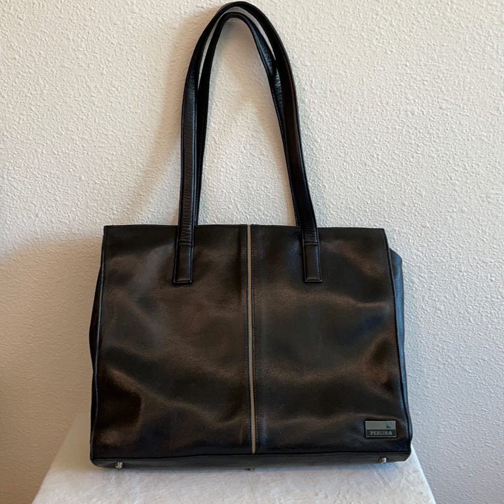 Perlina Black Leather Work Tote handbag